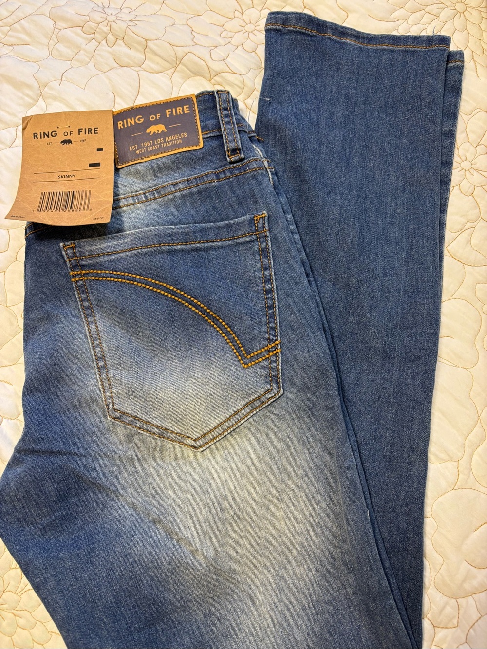Ring of Fire Men’s Blue Skinny Jeans with Contrast Gold Stitching